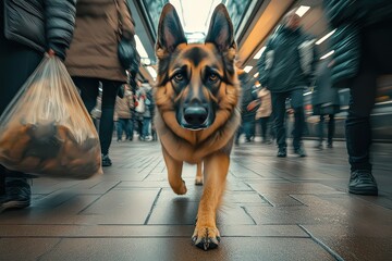  Vigilant police dog with sleek fur sniffing row of bags on floor of busy subway station, people rushing by as dog works intently.