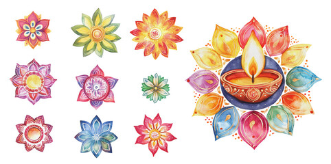 Diwali colorful watercolor flowers and a lit oil lamp create a vibrant festive design perfect for celebrations and spiritual events