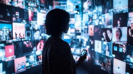 A person surrounded by holographic social media feeds, swiping through posts and messages