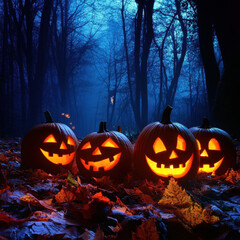 Spooky Halloween pumpkins glow in dark forest, surrounded by fallen leaves and mist. eerie atmosphere captures essence of season, inviting sense of mystery and fun