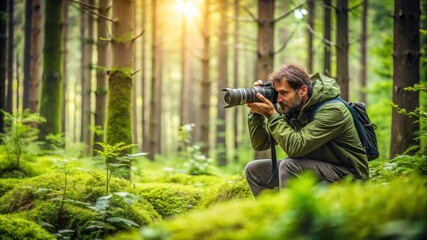 Fototapeta premium Photographer Capturing Nature's Beauty in Lush Green Forest