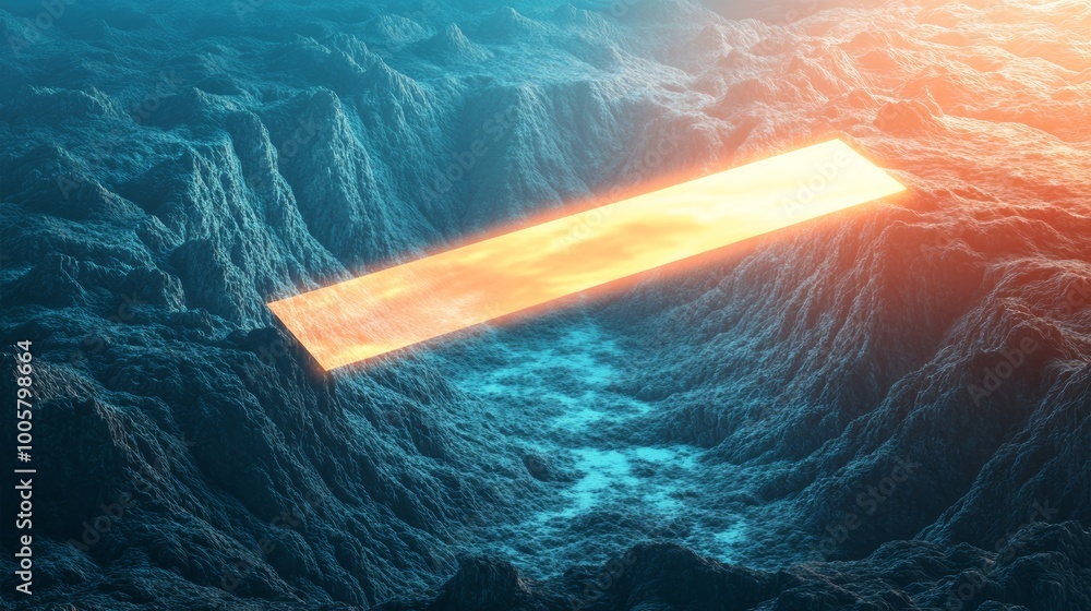 Poster abstract glowing rectangle over textured surface.
