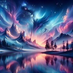 surreal digital art with nature, lakes, river, trees and mountain