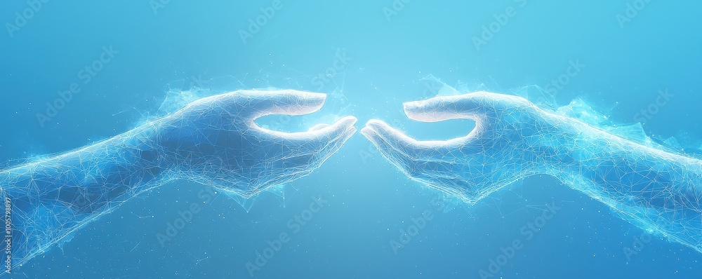 Poster digital connection concept with two hands reaching out on blue gradient background