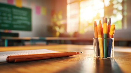 Whiteboard with markers and eraser in a modern classroom, 3D illustration