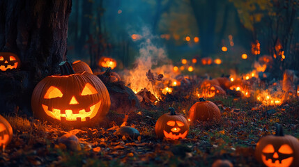 spooky Halloween scene featuring glowing jack o lanterns scattered throughout misty forest. warm orange light contrasts with cool blue tones of evening, creating enchanting atmosphere
