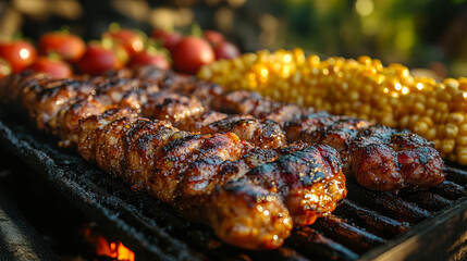 Grilled Barbecue Ribs with Corn and Tomatoes at a 4th of July Cookout in Sunny Backyard Celebration