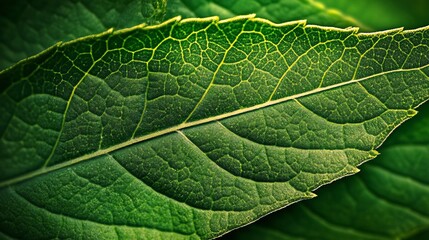 Obraz premium Macro photography showcases the complex vein structure of a green leaf, emphasizing the intricate details of plant biology.