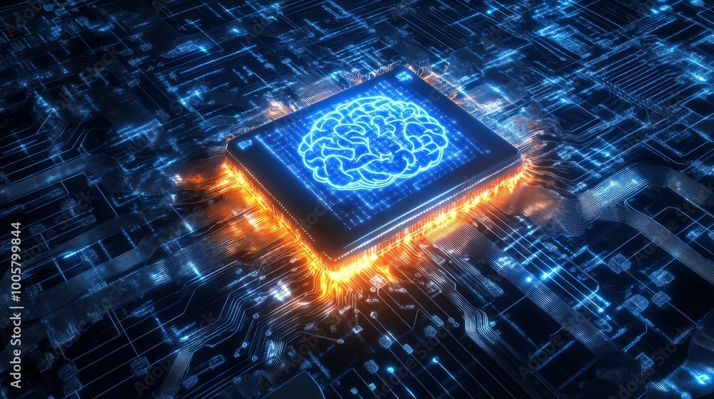 Poster artificial intelligence brain on a circuit board.