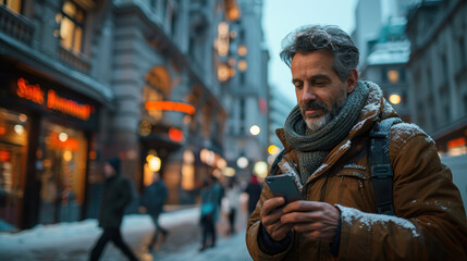 Man Using Smartphone in Winter Urban Setting Evening Time Concept of Modern Technology Communication City Life