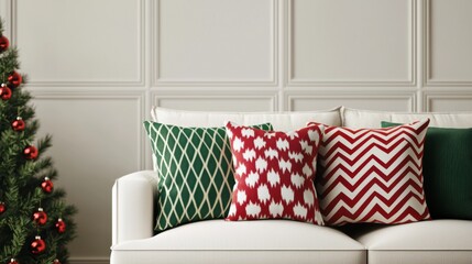 Cozy living room with festive pillows and a Christmas tree in the background.
