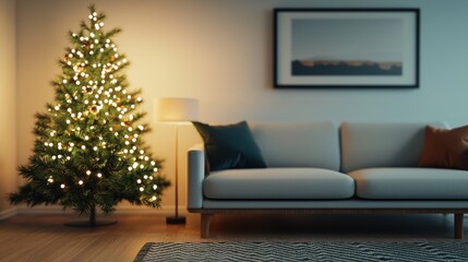 Obraz premium Cozy living room with Christmas tree and decorative lights, warm and inviting atmosphere.