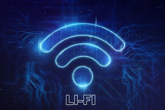 A futuristic Li-Fi signal glowing against a digital blue background, representing high-speed internet through light communication. This image symbolizes innovation in wireless data transfer.