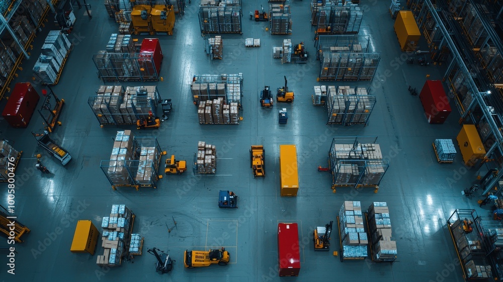 Poster a drone's-eye view of a sprawling distribution center complex with multiple loading docks.