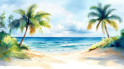 Watercolor Painting of Tropical Beach with Palms on Sunny Day, Summer Holiday Vacation Illustration, Ocean Scene for Logo or T-Shirt Design, Relaxing Coastal Landscape, Isolated on White Background