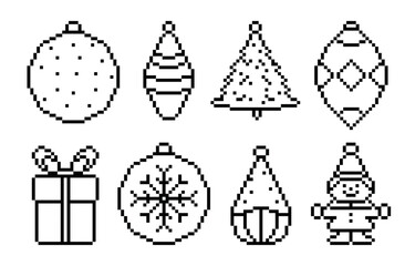 Set of Christmas Tree Toys in Pixel Style. Vector Illustration