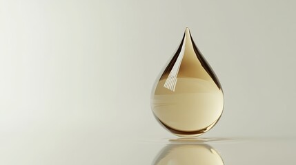 A 3D rendering of a delicate serum drop or liquid essence oil gracefully suspended against a pristine white background. 