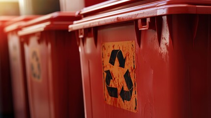 A stack of biohazard infected red bins is arranged neatly, each prominently displaying the bold black biological hazard symbol on the front.