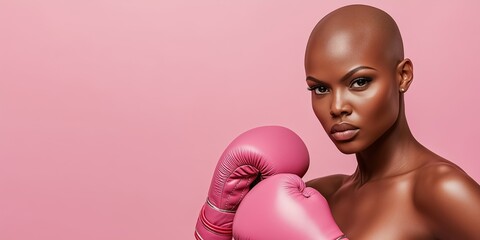 Powerful portrait of a bald black woman wearing pink boxing gloves against a pink background, symbolizing the fight against breast cancer