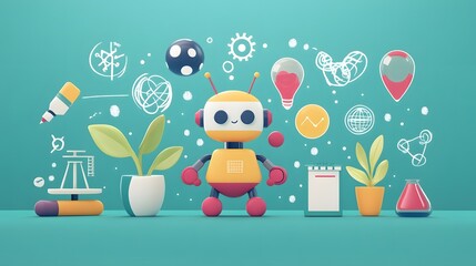 A Friendly Robot Surrounded by  Learning and Creativity Icons