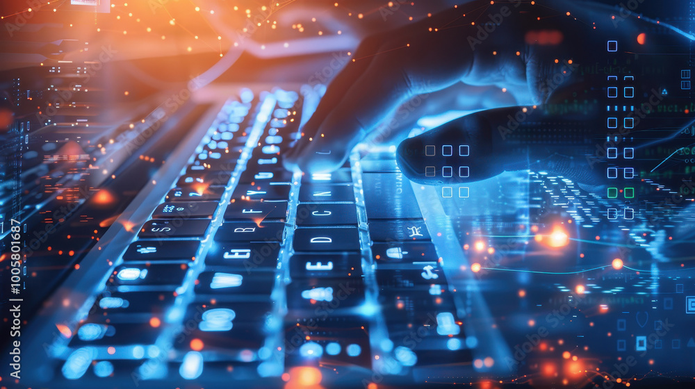 Poster futuristic hand typing on illuminated keyboard with data and network concept