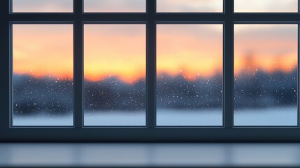 Fototapeta premium Cozy winter sunset view through a frosted window, serene and peaceful atmosphere.