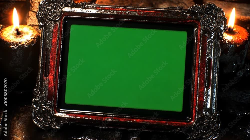 Poster creepy gothic frame with green screen and candles in dark setting generative ai