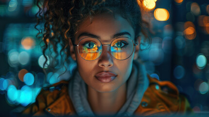 Female Software Developer Focused on Coding at Night with Futuristic Digital Technology Background, Reflective Eyeglasses, Software Development, and Innovation