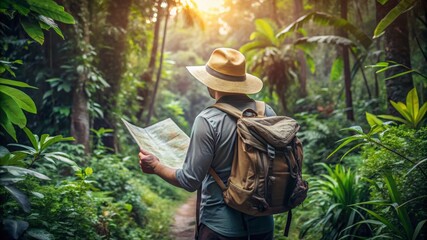 Adventurous Explorer in Jungle with Map and Backpac