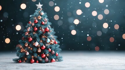 Obraz premium Decorative Christmas tree with ornaments and lights, snowy winter ambiance.