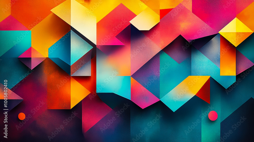 Poster colorful abstract geometric shapes background, vibrant dynamic pattern with overlapping prism-like s