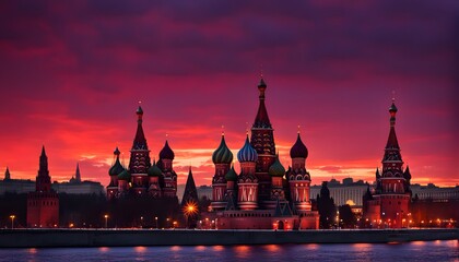 Silhouette of the Moscow skyline with st basils cathedral glowing under a bright red and dark, AI Generated