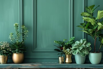 Beautiful golden planters with vibrant green plants against a rich green wall.