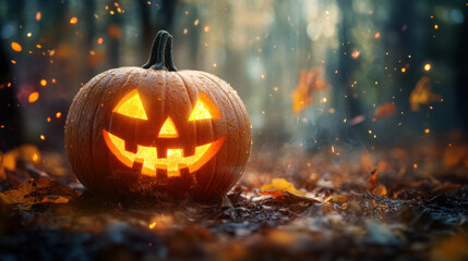 glowing jack o lantern sits amidst fallen leaves, radiating spooky charm in misty forest. warm light contrasts with cool, eerie atmosphere, perfect for Halloween