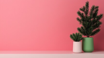 Fototapeta premium Decorative potted plants on a minimalist shelf with a pink background.