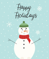 Happy holidays 2024 greeting card. Cute and funny flat Christmas cartoon snowman character postcard with warm wishes