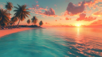 Stunning Serene Tropical Beach with Crystal Clear Turquoise Waters Swaying Palm Trees and Vibrant Orange and Pink Sunset Scenery in Cinematic Impressionist Style