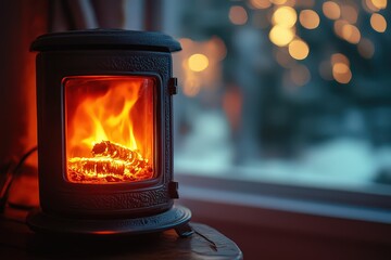 Small wood-burning stove with a glowing fire, creating a warm and inviting atmosphere during a cold winter evening indoors.