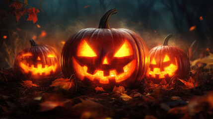 Spooky Halloween pumpkins glow in dark forest, surrounded by autumn leaves, creating eerie yet festive atmosphere