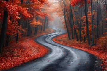  Winding country road framed by tall trees with fiery red and orange leaves, ground blanketed in fallen foliage, under cloudless October sky glowing with golden light.