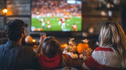 Family watching a football game on TV with pumpkins and candles