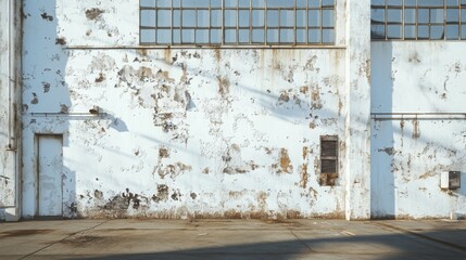 A large old industrial building with peeling white paint on the exterior walls, flaking off due to years of exposure to harsh weather