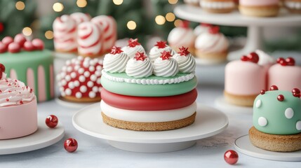 Festive holiday cakes and pastries on display with decorative frosting and toppings.