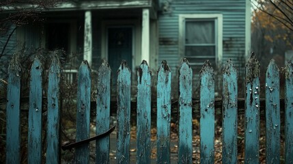Obraz premium A crumbling, peeling blue-painted fence in front of an abandoned house, the paint barely clinging to the weathered wood. Gloomy, overcast lighting enhances the sense of abandonment.