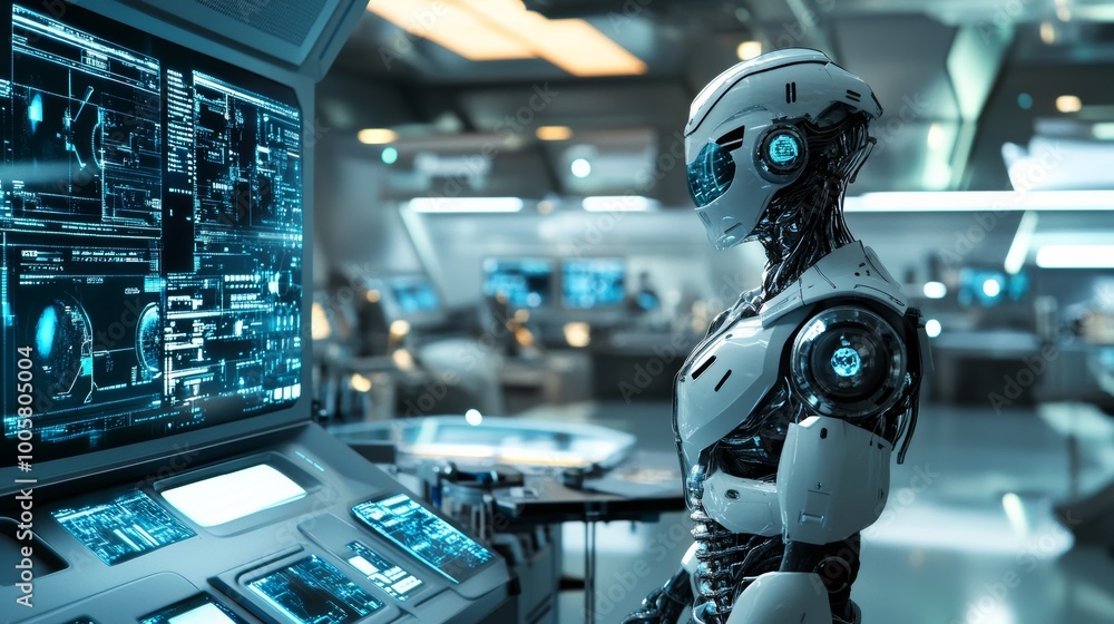 Poster futuristic robot in a high-tech control room.