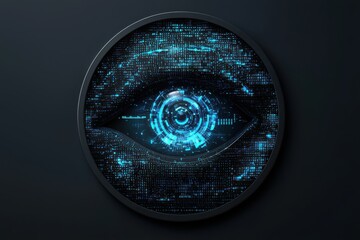 Futuristic circular logo featuring a digital eye with vibrant blue binary code and abstract data elements