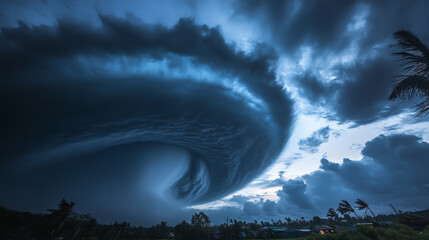A large storm cloud is rolling in over a town. The sky is dark and ominous, and the clouds are thick and heavy. Scene is tense and foreboding, as if something terrible is about to happen
