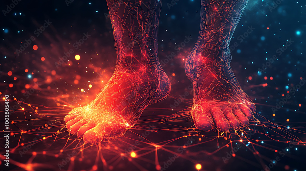Aufkleber abstract image of glowing human legs with lines and dots connected, on a dark background with glowin