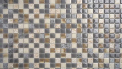 Fototapeta premium Close-up of small, colorful mosaic tiles in shades of brown, gray, and white.