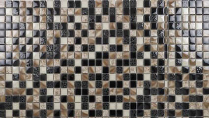 Close-up of a glossy mosaic tile pattern featuring black, brown, and white squares.